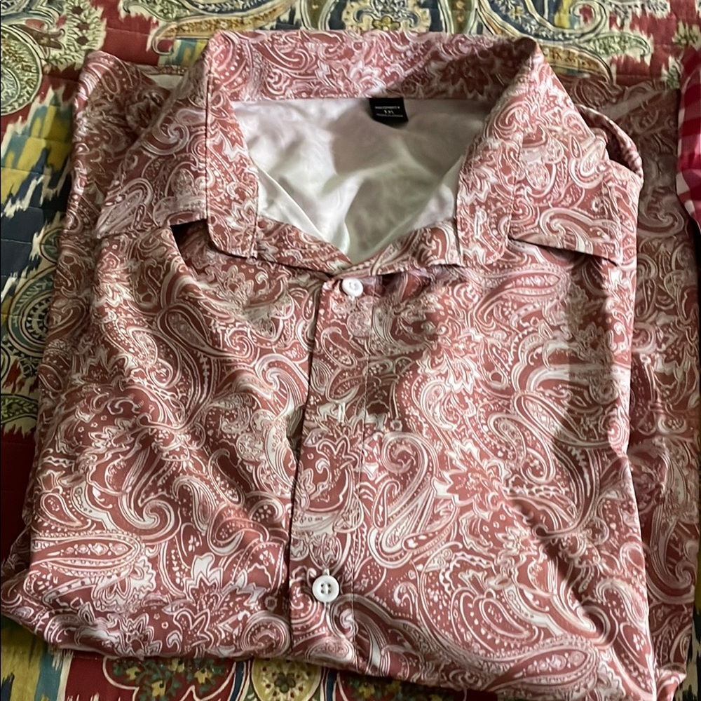 Red and White Paisley Casual Button Down Shirt